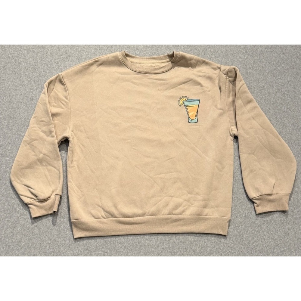 SHEIN Large Beige Fleece Pullover Sweatshirt Graphic Print Retro Drink
